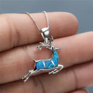 Leuke Kleine Herten Wit Blauw Vuur Opaal Hanger Kettingen Voor Vrouwen 925 Zilver Rose Goud Elanden Ketting Mode Animal Sieraden