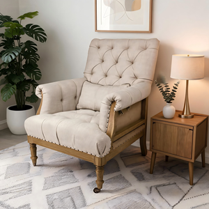 Sillón de Dormitorio con Brazos, Estilo Europeo, Hecho a Mano, Patas Curvas Sólidas, Asiento Acolchado con Botones - Product Image 3