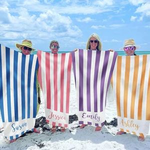 Toalla de Playa de Microfibra de Secado Rápido con Estampado de Rayas Coloridas Personalizadas, Diseño Vertical con Monograma - Product Image 2