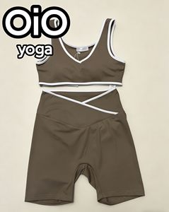 美国露背紧身瑜伽服女式夏季两件套100%棉V领运动健身户外跑步服 - Product Image 1