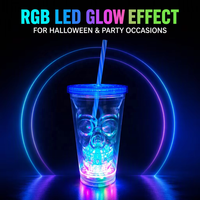 Gobelet à double paroi LED clignotant 16oz pour Halloween en plastique de qualité alimentaire avec paille et couvercle