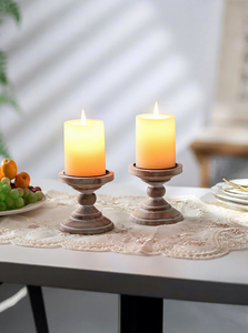 Rustic Wood Candle Holder Set of 2 Round Pillar Stand Natural Wooden <b>Candlestick</b> Decorative Tabletop Home Decoration - Product Image 4