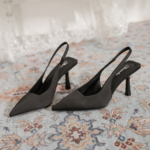 Zapatos de Tacón Alto con Punta en Pico para Mujer, Sandalias de Verano Negras con Tira Trasera, Zapatos de Trabajo Profesionales, Estilo Stiletto - Product Image 1
