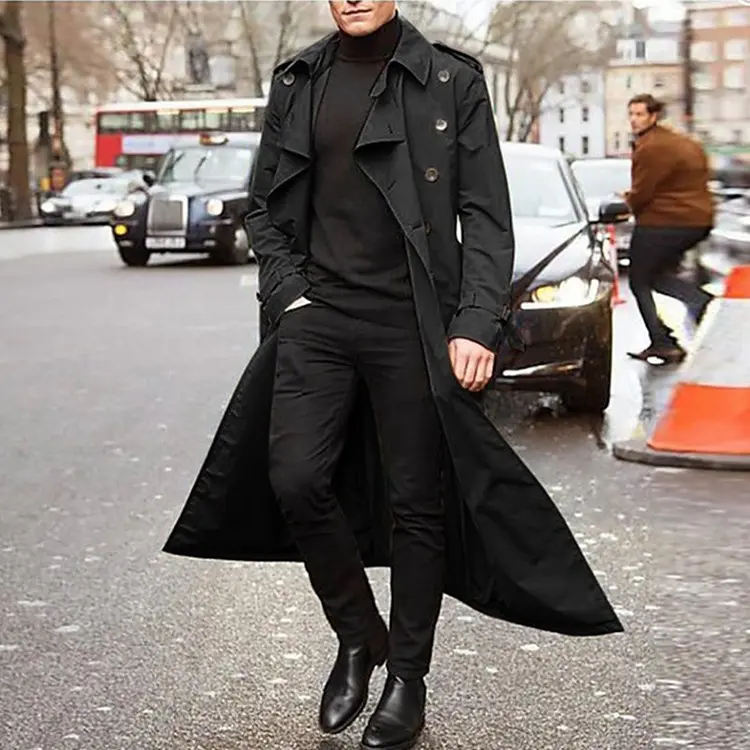 Casaco trespassado com lapela masculino, casaco longo de cor sólida para homens, casaco de outono casual, tamanho grande, 2022