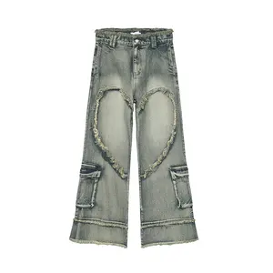 GDTEX ODM OEM Streetwear Baggy Distressed Jeans Men Raw Edge Vintage Wash Jeans Oversize Baggy Flare Jeans Pant Men Y2k Straight