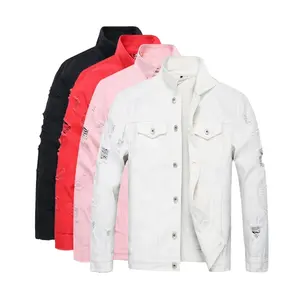 Slim Fit sonbahar ve bahar Premium erkek bej beyaz yırtık kot kot ceket ceket yapmak eski delikli