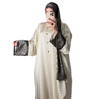 2026 Neues Frühlings-Großhandels-Maxikleid mit Polka-Dot-Print, französischem Chic, Spitzen-Patchwork, lockerer Abaya, bescheidenes Kleid mit Schal, Weiß