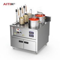 Machine de restauration professionnelle intégrée en acier inoxydable, avec 3 cuves et 2 fonctions de cuisson de nouilles, et système de levage automatique pour soupes