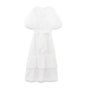 2023 French Women's Wholesale Puff Sleeve V-Neck White Bowknot Belt Embroidered Long TAOP&ZA Dress Vestidos Mujer 2796979
