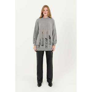 Suéter Túnica Gris Desgastado de Punto para Mujer Soul - Top Moderno Casual de Manga Larga con Efecto Desgastado para Uso Diario, Modelo - Product Image 1