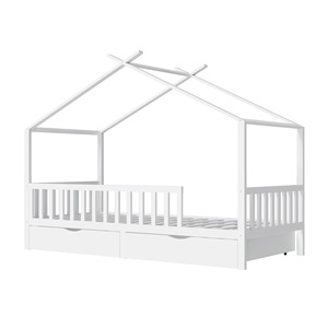 Lit à baldaquin en bois, taille twin, avec tiroirs de rangement pour enfants, design moderne, blanc gris, structure en bois massif - Product Image 1
