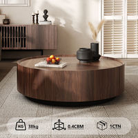 Mesa de Centro Contemporánea Redonda con Tapa de Madera de Nogal Macizo y Cajones Giratorios con Espacio de Almacenamiento para Sala de Estar