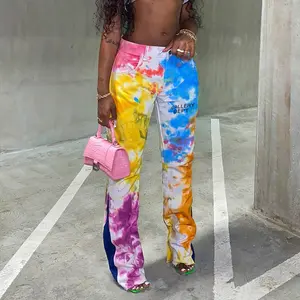 Colorful Tie Dry Hipster Pants Women Casual Patchwork Cartoon Print Pocket Flare Cargo High Waist Trousers All match Wear