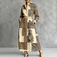 Robes longues décontractées à taille haute, manches longues boutonnées, couleur contrastante, élastiques, imprimé léopard, poches, imprimé zèbre, col à revers, style maxi