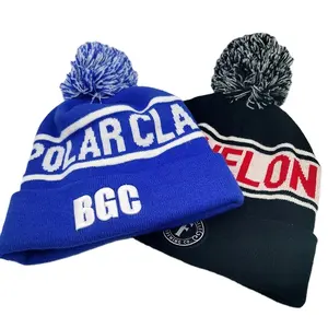 Wholesale custom design pom knitted beanie blue winter hat with top ball