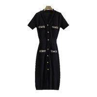 Robe mi-longue tricotée unie à col en V et manches courtes perlées, style japonais-coréen, pour femme, collection été transfrontalière