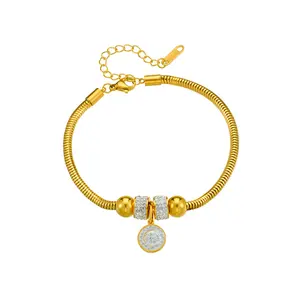 Đồng xu pha lê đầy đủ Pave Dát Thép không gỉ mạ vàng mặt dây chuyền thời trang đồ trang sức vòng đeo tay cho phụ nữ có thể điều chỉnh