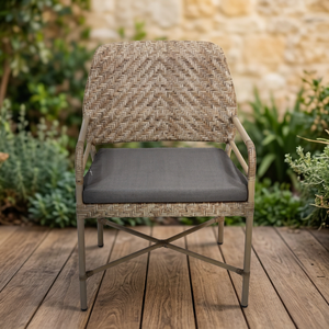 Chaise de salle à manger en corde plate au design moderne - Siège de patio avec cadre en aluminium antirouille et coussin - Product Image 2