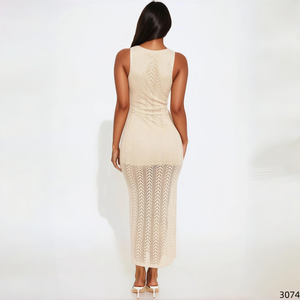 Vestido Maxi de Punto <span class=keywords><strong>Crochet</strong></span> con Diseño Chevron Beige, Sin Mangas, Cuello Redondo, Dobladillo Semitransparente, Vestido Ajustado para la Playa para Mujer - Product Image 3