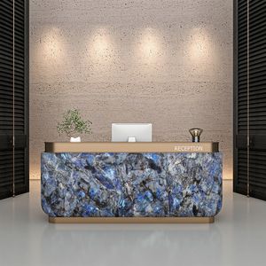 Mostrador de Recepción Curvo en Oferta, Barra de Bar Lacada con Aspecto de Mármol para Vestíbulo de Hotel, Estación de Caja de Acero Inoxidable - Product Image 3