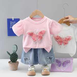 Completo Estivo per Bambina con Stampa Animalier, Stile Coreano Trendy, Logo, Poliestere/Cotone, Manica Corta, Due Pezzi con Pantaloncini, Tuta per Neonata 2026 - Product Image 1