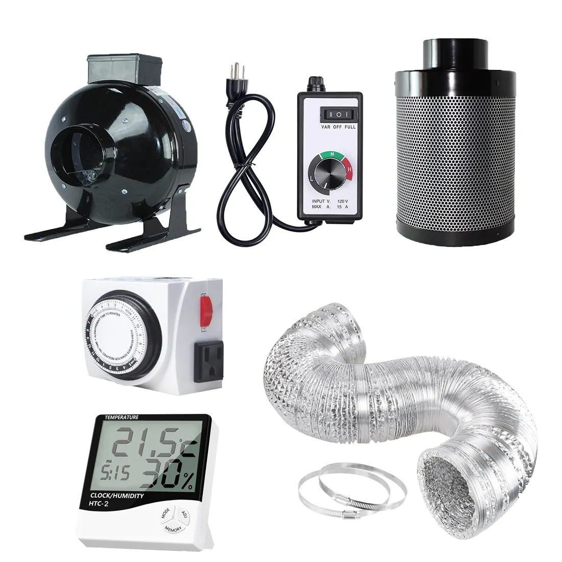 4'' Inline-Lüfter Carbon-Filter Leitungskombination + Lüfterschnellheitsregler + 24-Stunden-Timer-Auslass + Thermometer Belüftungssystem