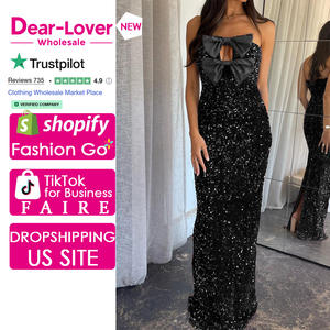 Dear-Lover Venta al por mayor Negro Satén Arco Decoración Lentejuelas Sin tirantes Largo Fiesta <span class=keywords><strong>Club</strong></span> Vestidos de noche - Product Image 1