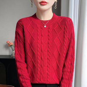 Suéter de Punto Grueso de Algodón para Mujer, Color Sólido, Cuello Redondo, Otoño Invierno 2025, Blanco Roto, Rojo, Negro - Product Image 3