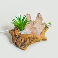 Lampe d'ambiance USB en cristal naturel brut, base sculptée à la main en racine blanche, lampe de chevet en pot pour la maison