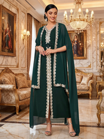 Abaya ouverte deux pièces en polyester avec dentelle, col en V, longueur cheville, robe modeste élégante en mousseline, tenue musulmane pour mariage, fête, Aïd, adultes