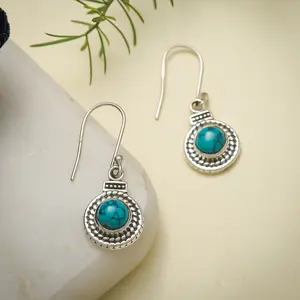 Bali Design 925 Sterling Silver Turquoise Gemstone Drop Earrings Handmade Twisted Wire JEWELRY Diamond Studded Gold Manufacturer