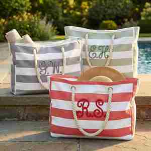 Bolsa de Playa Moderna de Lona a Rayas con Cierre, Impermeable, de Poliéster, para Mujer, Grande, para Vacaciones de Verano y Viajes - Product Image 1