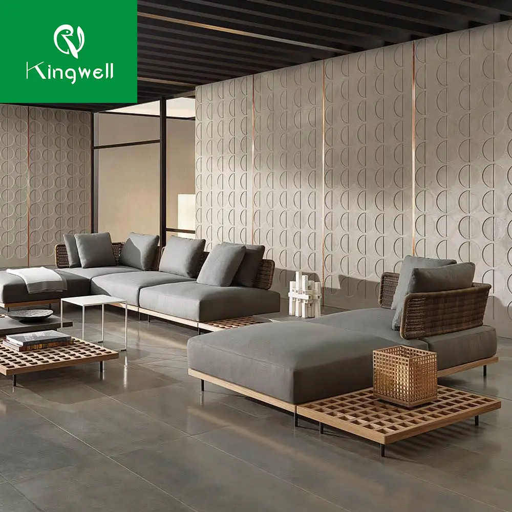 Furnitur teras luar ruangan, set sofa bentuk L sudut kayu jati santai tahan air dengan bantal