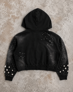 Sweat à capuche zippé <span class=keywords><strong>noir</strong></span> en gros, orné de strass, effet éclaboussures de peinture, coupe courte, style vintage, streetwear pour homme - Product Image 2
