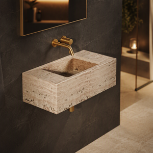 Lavabo Rettangolare Sospeso in Travertino Naturale di Lusso, Lavandino in Pietra Porosa, <span class=keywords><strong>Dimensioni</strong></span> Personalizzabili per Bagno - Product Image 1