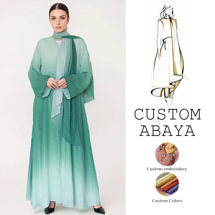 Kustom Glitter Abaya berlian Dubai Kimono jubah wanita gradien warna berlian imitasi mewah sifon terbuka Abaya