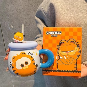 Taza de cerámica Dnx Garfield con tapa y pajita, diseño de dibujos animados amarillos, para oficina, hogar, regalo de graduación, taza individual - Product Image 4