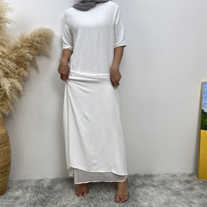 6722# White Short Sleeves Wrinkle Crepe slip Dress Solid Color Modesty Inner Dresses With Chiffon Lining - Product Image 3