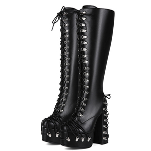 Bottes hautes à lacets en cuir verni pour femme, coupe large, avec boucles métalliques, plateforme épaisse et talons robustes, grandes tailles jusqu'au 47 - Product Image 3