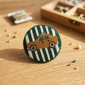 Handcrafted Beaded Car Coaster, Green & White Seed Bead Round Drink Coaster with Vintage Car Design, Table Decor & Gift - Product Image 3