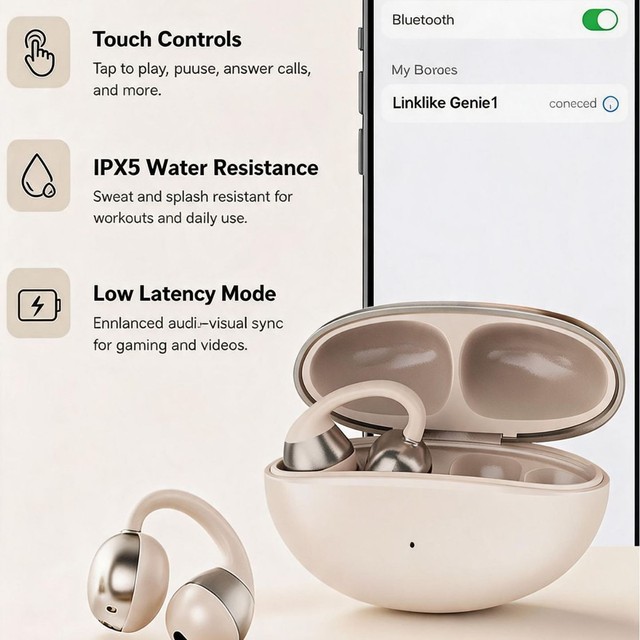 OpenEarRing Open-Ear Earbuds Hi-Res Audio Life Waterproof Long Playtime for 5.4 Lightweight Ear Clip Style