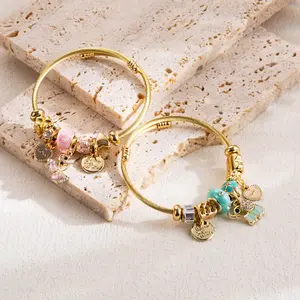 Hot sale gold plated stainless steel colorful crystal cute animal pendant bracelet heart charm open bangle bracelet for women