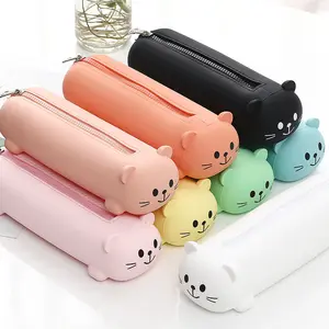 Custom Waterproof Silicone Cute Pencil Case Kawaii Cat Pen Case Stationery Pencil Bag For Kids Back To School