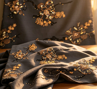 Tissu en Chiffon Gris Foncé avec Broderie de Fleurs de Prunier Noires et Dorées, Style Oriental pour Robes de Soirée, Abayas, Garçons