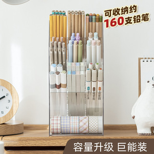 Transparent Angled Pen Holder Large Capacity Desk Organizer Storage Box For Student Office Use Plastic Square Shape SD-3838 - Product Image 3
