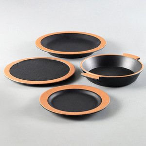 Round Melamine <b>Plates</b> <b>Black</b> With Copper Rim Commercial Use For Steak Pizza Hotel Restaurant Dishes - Product Image 3