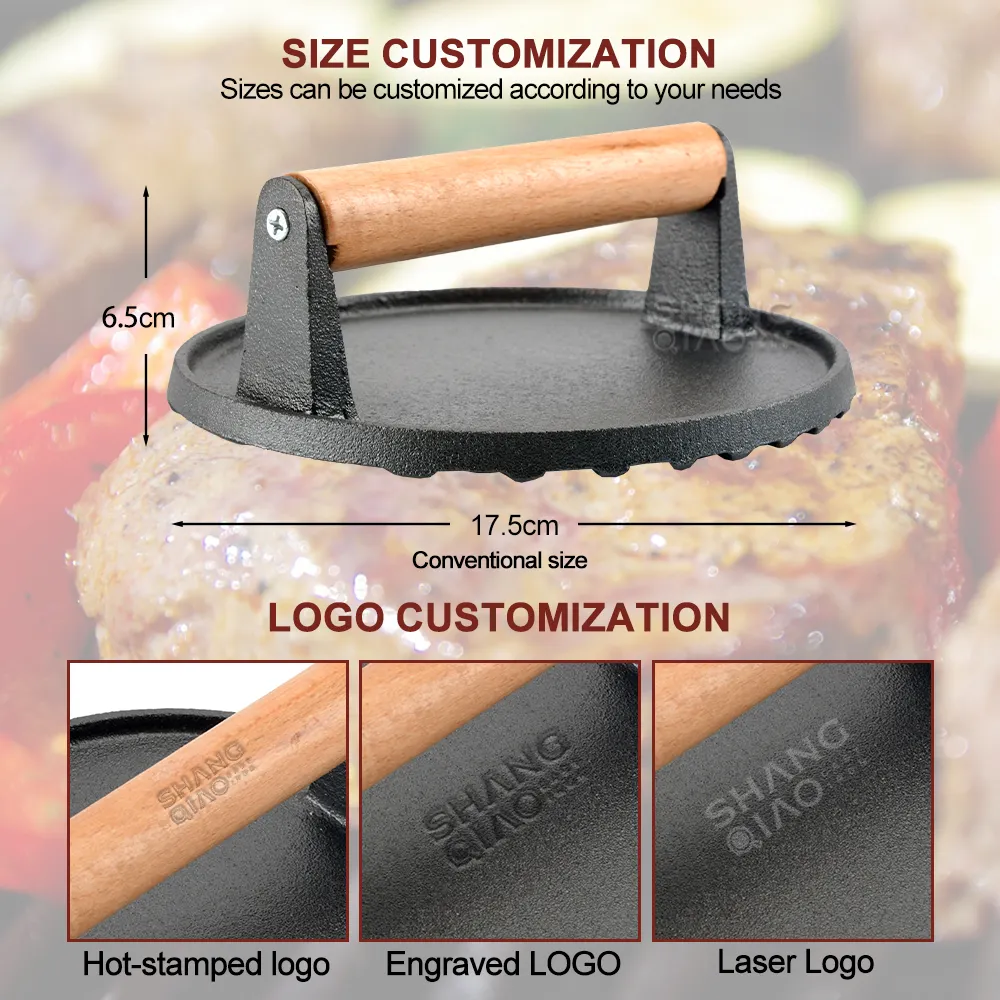 Round Heavy Duty Cast Iron Smash Grill Press Meat Steak with Wood Handle Cast Iron Burger Press
