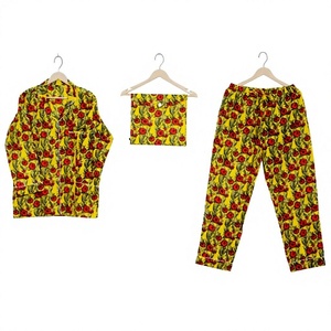Ensemble de pyjama pour femmes en coton 100% à fleurs, manches longues, col mandarin, longueur intégrale, vêtements de nuit décontractés, imprimé jaune et rouge - Product Image 1