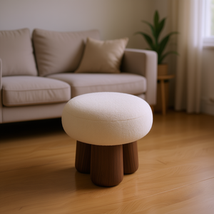 Tabouret en forme de champignon en bois de noyer avec coussin en peluche, meuble de salon, ottoman, design minimaliste, style moderne - Product Image 2