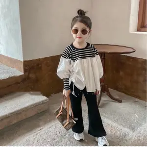 Girls' suits threaded elastic personality splicing tops and bell bottoms 21 autumn clothes new foreign trade children